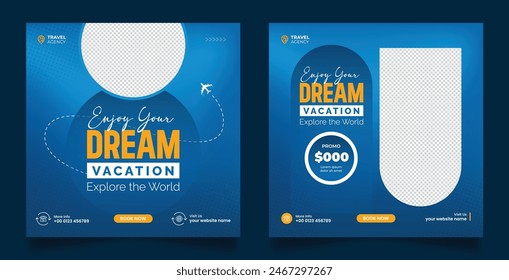 Dream vacation tour and travel agency social media post template, adventure banner social media post and Instagram story or web banner template.