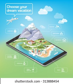 Dream vacations infographics, travel destinations on a 3d landscape including mountains, seaside, cities and nature, icons set