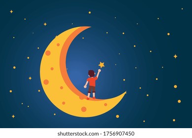 Dream vector concept: back view of unidentified boy reaching the star on the crescent moon
