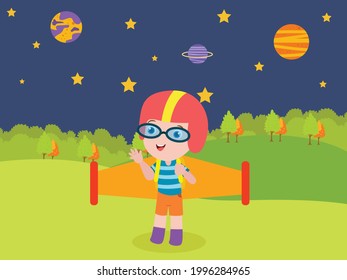 Dream vector concept. Happy little boy ready to fly with wings to the space