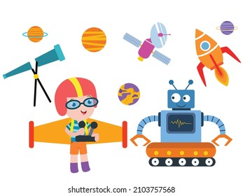 Dream vector concept. Little boy character wearing adventure helmet and wings while controlling robot with planet, telescope, spaceship, and satellite.