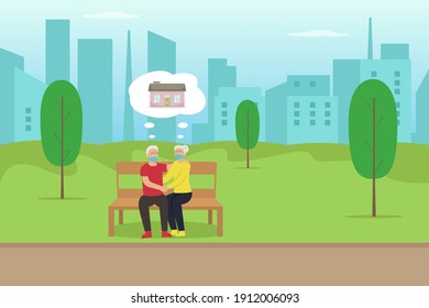 Dream vector concept: Senior couple imagining big house together while sitting on the bench 