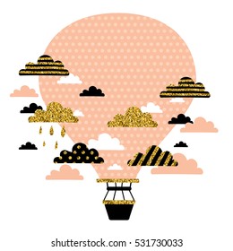Dream. Vector illustration with cute air balloon and clouds. Vacation, holiday, travel.