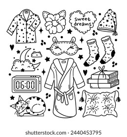 Dream vector set. Sleep symbols - pajamas, bathrobe, socks, soft pillow, alarm clock, sleep mask, moon and stars. Bedtime, home accessories for relaxation, napping. Hand drawn doodles, simple clipart