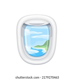 Dream View Through Aircraft Window During Flight, Travel By Plane Vector Illustration. Cartoon Isolated Airplane Cabin Inside, Passenger Looking On Paradise Island, Blue Water And Air Of Sky