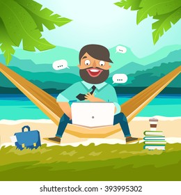 Dream work, The best work, Work with pleasure. Young man sitting in hammock on the beach and working with laptop. Working outdoor, outsource concept. Vector colorful illustration in material design