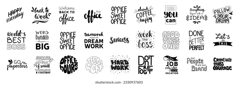 Dream work, boss, the office, best boss. Large collection of motivation quotes and phases about office job, work. Handwriting calligraphy lettering, vector illustration.