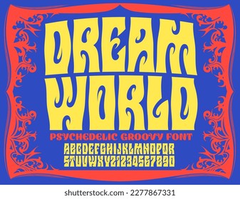 Dream World Groovy Psychedelic Alphabet: Diese Schrift erinnert an die Typografie des Poster- und Albumdecks der 1960er Jahre aus der Hippie-Bewegung.