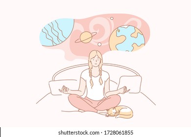 Dream, yoga, meditation, relax, imagination concept. Young smiling calm woman or girl cartoon character sits on bed does yoga at home. Expansion of consciousness and imaginative mindset illustration.