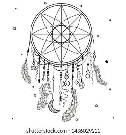 Dreamcatcher. Abstract mystic symbol. Design for spiritual relaxation for adults. Line art creation. Black and white illustration for coloring