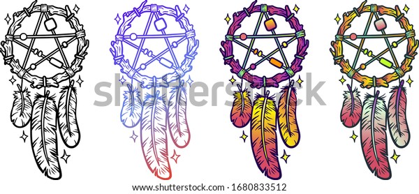 Dreamcatcher Abstract mystic symbol. Design\
for spiritual relaxation for adults. Black and white Illustration\
Isolated on white\
backgroung.