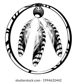 Dreamcatcher amulet. Peace sign with three striped bird's feathers inside round wooden frame. Black and white silhouette.