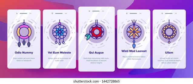 Dreamcatcher, Amulet Vector Onboarding Mobile App Page Screen. Dreamcatcher, Protective Tribal Symbols Collection. Native American Magic Charm. Indian Talisman with Feathers Linear Illustration.