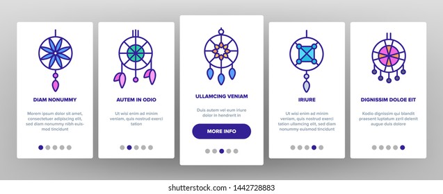 Dreamcatcher, Amulet Vector Onboarding Mobile App Page Screen. Dreamcatcher, Protective Tribal Symbols Collection. Native American Magic Charm. Indian Talisman with Feathers Linear Illustration.