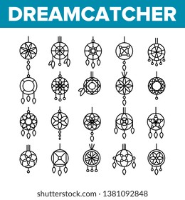 Dreamcatcher, Amulet Vector Thin Line Icons Set. Dreamcatcher, Protective Tribal Symbols Collection. Native American Magic Charm. Indian Talisman with Feathers Linear Illustration. Gift, Souvenir Idea