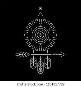 Dreamcatcher, arrow and feathers. Black background. Design element based on American Indian tribal art. For tattoos, logos and other of your creativity. Stock vector.