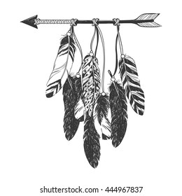 Dreamcatcher with arrow and feathers. Native American Indian talisman. Vector hand drawn hipster illustration isolated on white background. Boho design, tattoo art, coloring book for adults.