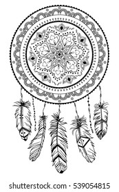 Dreamcatcher with arrow and feathers. Native American Indian talisman. Vector hand drawn hipster illustration isolated on white background. Boho design, tattoo art, coloring book for adults.