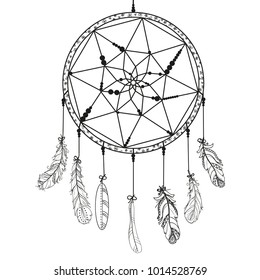 Dreamcatcher with beads. Zentangle. Abstract mystic symbol. American indians symbol. Zen art. Design for spiritual relaxation for adults. Line art creation. Black and white illustration for coloring