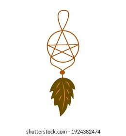 Dreamcatcher con una hermosa hoja. Amuleto protector contra insomnio y pesadillas. Ilustración vectorial colorida aislada en colores boho, símbolo étnico. Icono dibujado a mano