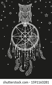 Dreamcatcher with bird. Abstract ornate owl sitting on dreamcatcher. Cosmic signs. Black and white illustration