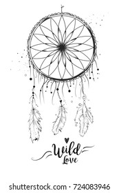 Dreamcatcher with bird feather beads lace & dots. Hand drawn beautiful design isolated white background. Boho tribal, indian dream catcher. Black gray graphic vector hipster style illustration element