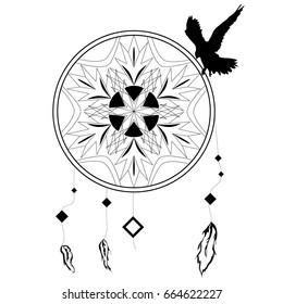 Dreamcatcher with bird and feathers. Sketch vector illustration