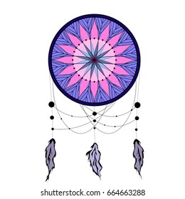 Dreamcatcher in blue and pink colors. Vector illustration