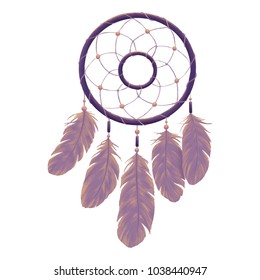 Dreamcatcher bohemian print. Boho feathers decoration. Native dream chic design. Mystery etnic tribal american culture design