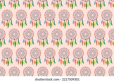 Dreamcatcher boho style seamless pattern on pink pastel background design for wallpaper, wrapping, clothing, carpet, embroidery, fabric, prints, case, card. Vector. Illustration.