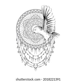 Dreamcatcher boho vector illustration. Bohemian Dream Catcher Clipart with Owl Hand Drawn.