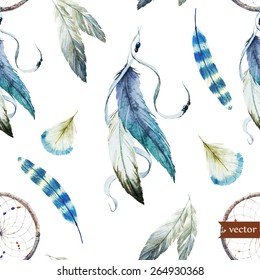 Dreamcatcher, boho, watercolor, pattern, feathers, drawing,