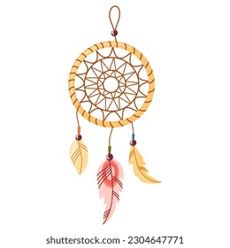 Dreamcatcher. Bold native American handmade dreamcatcher, template ethnic round talisman with feathers threads and beads rope hanging. Flat cartoon vector illustration