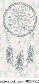 Dreamcatcher with a bug and feathers. Boho chic style. Hand drawn. Vector illustration.