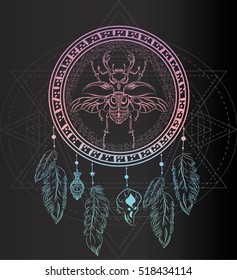 Dreamcatcher with bug and feathers on the sacred geometry background. Boho chic style. Hand drawn. Vector illustration.