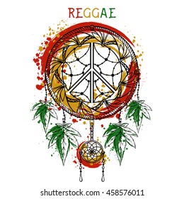 Dreamcatcher with cannabis leaves and peace symbol. Jamaica theme. Design concept in reggae colors for banner, card, t-shirt, bag, print, poster. Vector illustration