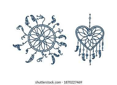 Dreamcatcher circle and heart with feathers. Set of dreamcatchers with tribal feathers. Vector illustration in doodle style