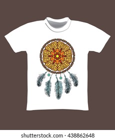 Dreamcatcher. Circular ornament  element. Vector Mandala. T-shirt design. Style boho. Hand drawn vector illustration.