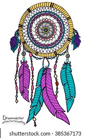 Dreamcatcher colored. A4 size. Pattern for adult coloring book. Hand drawn design with ethnic, doodle and zentangle elements. Vector.