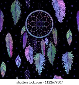Dreamcatcher with colorful feathers seamless pattern. Ethnic tribal gypsy art with native American Indian boho design, mystery symbol. Vector background.