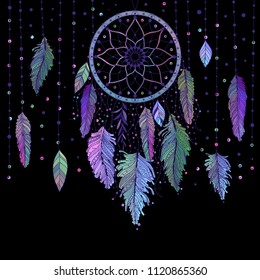 Dreamcatcher with colorful vibrant feathers on black background card or poster. Ethnic art with native American Indian boho design, mystery symbol, tribal gypsy. Vector illustration.