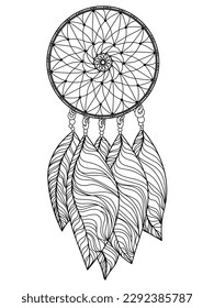 Dreamcatcher coloring book page, Round braided talisman with large feathers, zen antistress outline illustration for creativity vector illustration