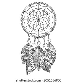 Dreamcatcher coloring page, amulet with five patterned zen feathers and large beads vector illustration