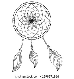 Dreamcatcher coloring page, anti stress coloring book with braided decorative element with three patterned feathers illustration