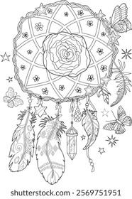 Dreamcatcher coloring page. Dreamcatcher with gems, butterflies, flowers and nature elements.