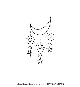 Dreamcatcher concept. The moon is decorated with various celestial elements. Stars descend from the moon in garlands. Vector stock illustration isolated on white background.