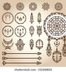 Dreamcatcher design elements. Set of different vector parts of decorative dreamcatcher: frame ring (hoop), feathers, weaving ornaments, arrows. For design bohemian projects, tattoo and boho prints
