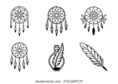 Dreamcatcher designs with feathers and a vase
