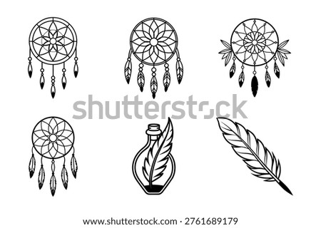 Dreamcatcher designs with feathers and a vase
