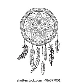 Dreamcatcher with detailed feathers. Sketch dreamcatcher tattoo. Boho style. Native ethnic symbol. Black and white, suitable for coloring book. Bohemian sign. Mandala 